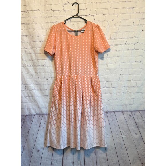 Lularoe Amelia Pleated Dress Orange Coral Arrows Dots Ombré Dip Size XL Flare - Picture 3 of 10